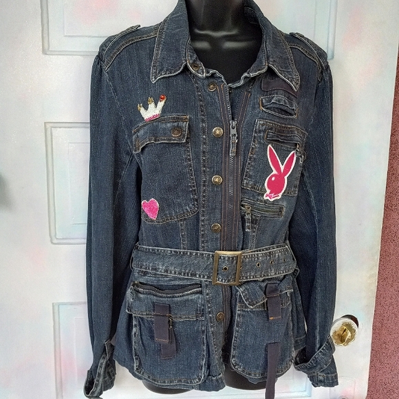 Custom PLAYBOY late 90s/early y2k belted denim jacket w all the trimmings!  Rdy! - Picture 1 of 8